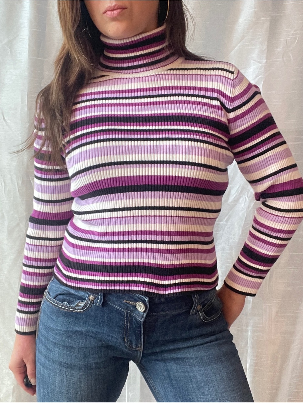 Y2K Striped Turtleneck Sweater Women XS Purple Ribbed Coquette Twee Rory Gilmore